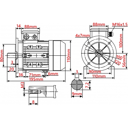 SILNIK ELEKTRYCZNY Z KOŁNIERZEM 0,09kW 400V 1400obr WAŁEK 9mm 3-FAZOWY